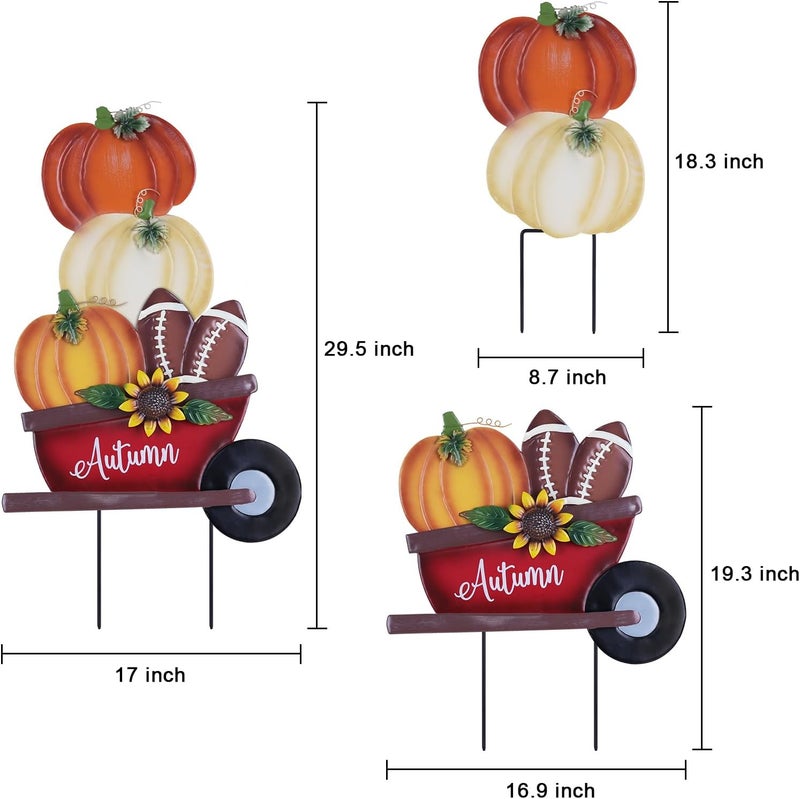YEAHOME Fall Decorations Outdoor, Stacked Pumpkin Football Wheelbarrow Decorative Garden Stakes, Autumn Metal Cart Yard Signs for Home Outside Garden Lawn Porch Decor, Thanksgiving Decorations - Image 3